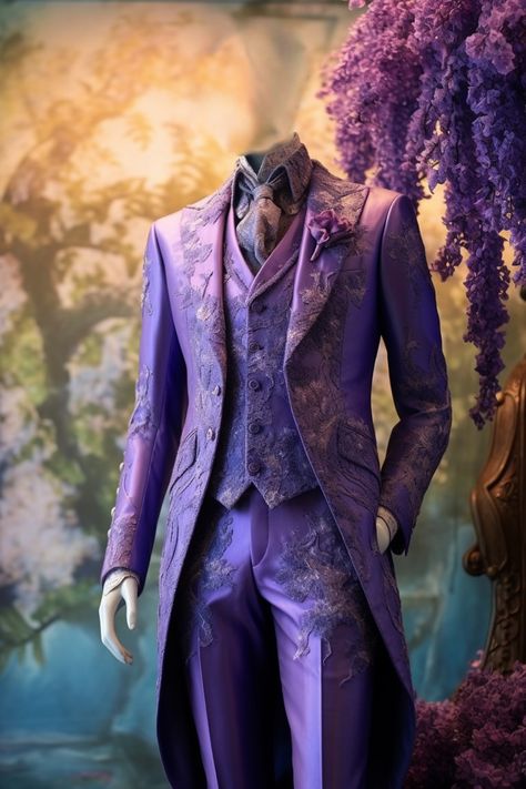 Wisteria inspired suit Mens Colorful Suits, Fairytale Wedding Suit, Ball Suits For Men, Fantasy Wedding Suit, Suit With Train, Purple Suits For Men, Fantasy Suits Male, Purple Wedding Suit, Royal Outfits Male