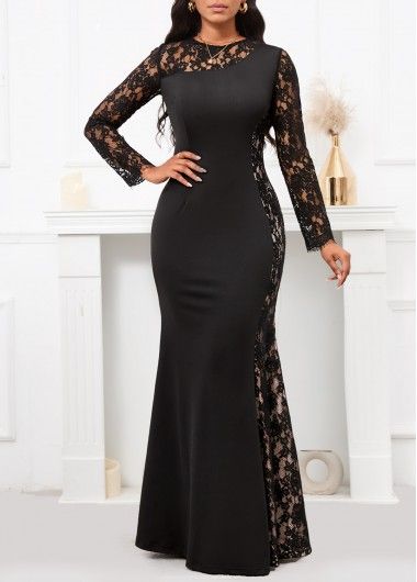 Patchwork Black Long Sleeve Round Neck Maxi Bodycon Dress Rose Gold And Black Bridesmaid Dresses, Black Mother Of The Bride Dress Long, Elegant Black Dress Classy Long, Long Black Dress With Sleeves, Long Sleeve Prom Dress Black, Black Formal Dress With Sleeves, Black Dress For Wedding Guest, Black Dress Wedding, Prom Dresses Long Sleeve