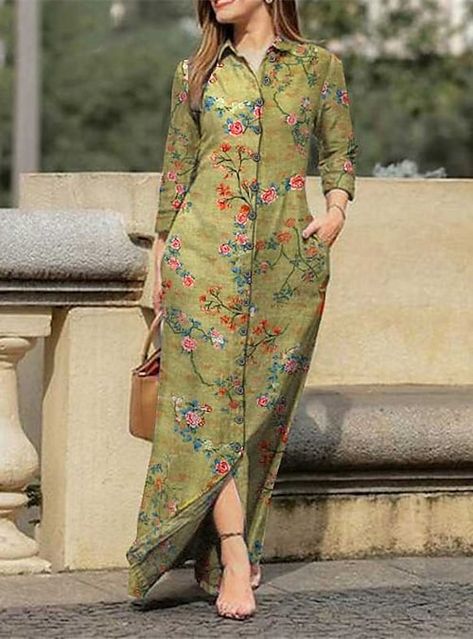 European Casual, Floral Long Dress, Button Maxi Dress, Spring Maxi Dress, Party Mode, Langer Rock, Elegant Dresses For Women, Casual Skirts, Maxi Dress Green