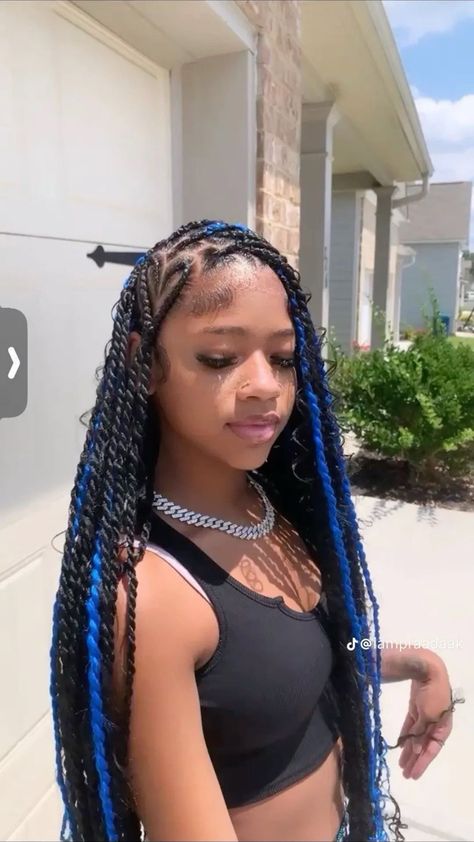 ˚୨୧⋆ @bella2angel French Braid Knotless, Braided Hairstyles With Blue Hair, Rubber Band Hairstyle With Weave, Black Gi Hairstyles, Blue And Black Goddess Braids, Black And Red Braids Hairstyles, Blue Protective Styles, Teal And Black Braids, Medium Length Braids Easy