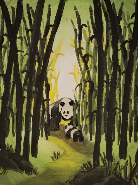 Panda and bamboo acrylic painting Pandas, Panda Oil Painting, Panda In Bamboo Forest, Panda Habitat, Panda Bamboo, Panda Painting, Pencil Drawings For Beginners, Forest Painting, Bamboo Forest