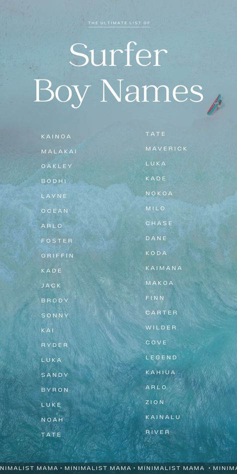 Searching for cute baby boy names? From unique and uncommon to super popular, this baby names list of surfer boy names (ocean baby names) is full of cool boy names that are inspired by all things sun and sand. (Perfect if you love nature names for boys!) Ocean Last Names, Ocean Boy Names, Beach Boy Names, Surfer Boy Names, Names Ocean, Name Ideas Boy, Ocean Baby Names, Beach Names, Nature Names For Boys