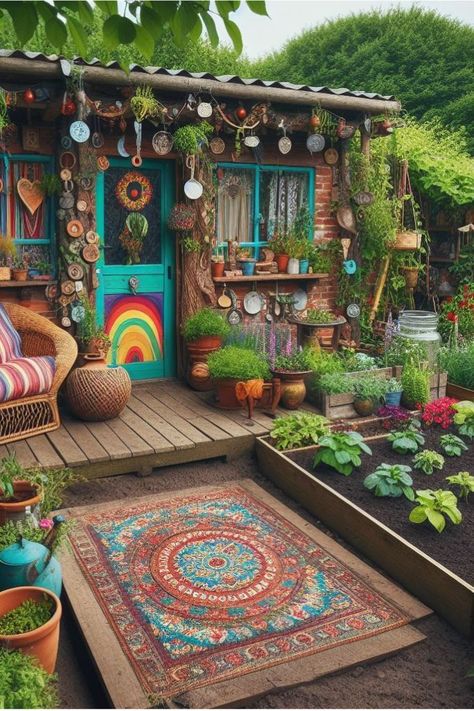 Welcome to a groovy collection of hippie garden ideas! From peaceful pathways to whimsical wind sculptures, discover how to infuse your outdoor space with bohemian charm and vibrant creativity. Boho decor, backyards, outdoor spaces, small, DIY, patio, farmhouse, landscaping, boho theme. Boho Garden Room, Maximalist Backyard, Indian Garden Ideas, Garden Themed Room, Drought Landscape, Bohemian Garden Ideas, Hippie Backyard, Boho House Exterior, Yard Aesthetic