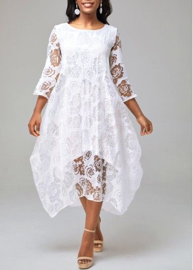 Color:White;Size:S;Size:M;Size:L;Size:XL;Size:XXL;Decoration:Asymmetric Hem;Package Contents:1 X Dress;Color Scheme:White;Season:Spring;Occasion:Party;Silhouette:High waist;Sleeve's Length:Three Quarters Sleeve;Dress Length:Mid Calf;Pattern Type:Floral;Neckline:Round neck;Washing Instructions:Hand Wash;Composition:100%Polyester;Clothing Length:130.00;Style:Elegant; Women's A Line Dresses, Plus Size Holiday Dresses, Sukienki Plus Size, Lace Dress Design, Three Quarter Sleeve Dresses, Cheap Dresses Casual, Midi Dress Formal, Flowy Design, Weekend Dresses