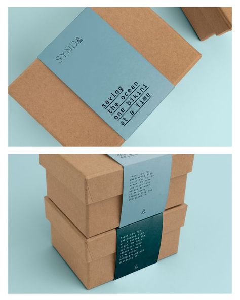 Kraft box with sleeve packaging design for SYNDA, an eco-conscious swimwear label. Salta, Packing Label Design, Box Sleeve Packaging Design, Box Sleeve Design Packaging Ideas, Sleeve Box Design, Box Sticker Packaging, Simple Box Packaging, Kraft Box Packaging Design, Packaging Sleeve Design