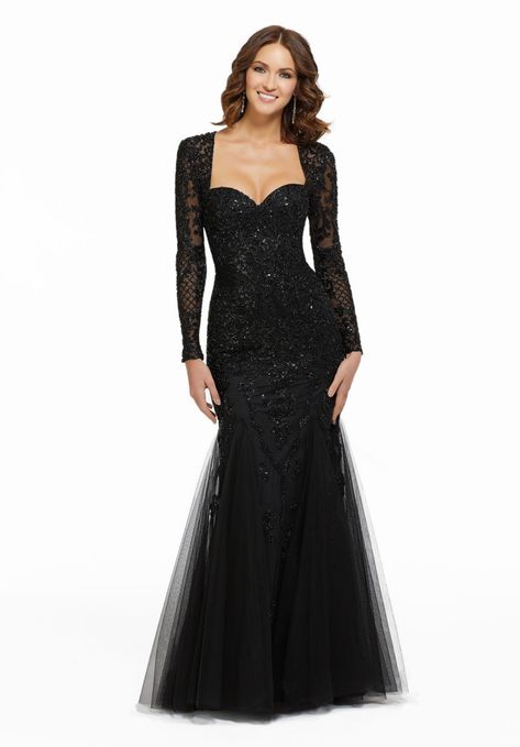 Tulle evening gown featuring allover beading with long sleeves and sweetheart neckline. Mermaid silhouette. Frida Art, Dazzling Dress, Trumpet Dress, Bride Groom Dress, Affordable Prom Dresses, Black Dress Formal, Dress With Sleeves, Mori Lee, Evening Dress Fashion