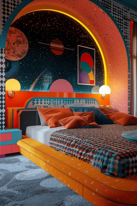 funky retro bedroom with space age vibe Retro Furniture Aesthetic, Eclectic Retro Decor, Retro Funky Aesthetic, Groovy Bedroom Aesthetic, Retro Futurism Bedroom, Space Age Bedroom, Disco Interior Design, 70s Interior Design Retro, 70s Rooms