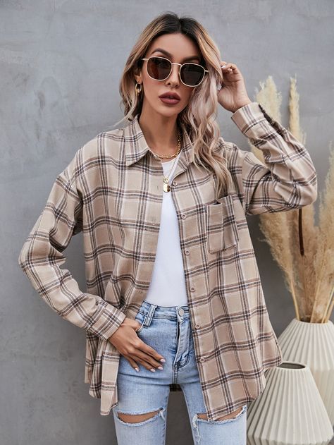 Drop Shoulder Plaid Longline Blouse | SHEIN USA Plaid Blouse, Bodycon Dress Parties, Inspiration Mode, Long Sleeve Plaid, Moda Fitness, Women Tops, Plaid Shirt, Drop Shoulder, Women's Plaid Shirt