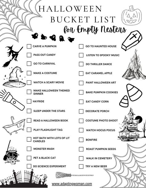 Halloween Bucket List for Empty Nesters: 30 Fun Things to Do This Year https://whispers-in-the-wind.com/30-bucket-list-ideas-for-an-epic-family-fall/?fall-bucket-list-printable-digital-download Things To Do Halloween, Halloween Things To Do, Spooky Music, Halloween Bucket List, Book Costumes, Halloween Buckets, Empty Nesters, Fall Bucket List, Sleeping Under The Stars