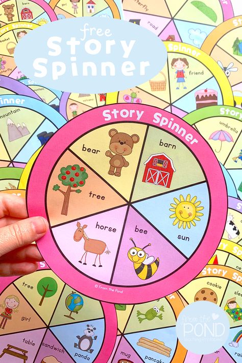 Round card divided into 6 parts, each with a small picture and word. It says Story Spinner on the edge and show a bear, barn, sun, bee, horse, and tree. Retelling Activities, Story Telling Activities, Online Preschool, Preschool Planning, Thanksgiving Activities For Kids, Fun Classroom Activities, Library Activities, Story Activities, Book Baskets