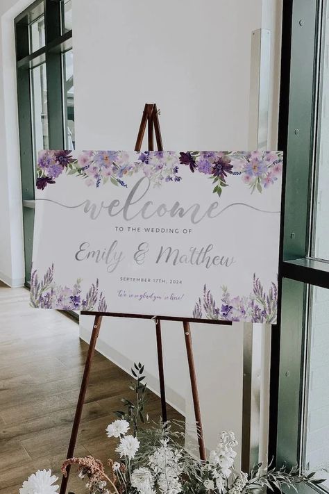 Purple Welcome Sign, Lavendar Wedding, Light Purple Wedding, Wedding Welcome Table, Lavender Wedding Theme, Purple And Silver Wedding, Purple Wedding Decorations, Purple Wedding Theme, Lilac Wedding