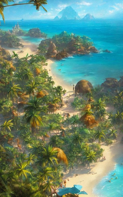 Beach Village Fantasy Art, Tropical Forest Concept Art, Fantasy Ocean Village, Fantasy Island Village, Island Kingdom Fantasy Art, Fantasy Tropical Village, Volcanic Island Fantasy Art, Fantasy Island Concept Art, Island Village Concept Art