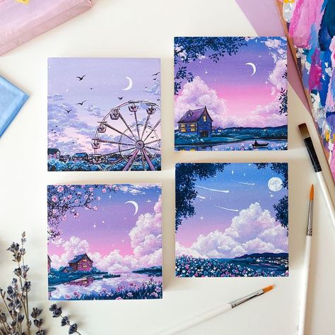 Want to decorate your home with a unique and original piece of art? Here you can shop a wide selection of original paintings which would perfectly fit even in a small space! Each artwork in this shop is entirely hand drawn, which make each painting special and one of a kind! ∎ Size: 10 cm x 10cm ( approximately 3.9” x 3.9”) ∎ Little wooden easel from pictures is shipped with the painting for free! ∎ Created with high quality acrylic paints on a wooden board Unique Mini Canvas Painting, 4 In One Painting, Mini Cute Paintings, A5 Painting Ideas, Art Inspo Aesthetic Painting, Wooden Board Painting Ideas, Poster Painting Ideas, Canvas Art Painting Wall Decor, Aesthetic Painting On Canvas