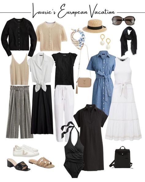 Discover the ultimate guide to creating a summer capsule wardrobe that seamlessly takes you from the sunny beaches to chic European streets. Whether you're lounging on the UK coastline or exploring historic European cities, these ten versatile travel wardrobe ideas offer effortless style and practicality. Resort Vacation Capsule Wardrobe, Easy Travel Outfits Packing Light, Black And White Wardrobe Capsule, Resort Wear Capsule Wardrobe, Summer Capsule Travel Wardrobe, Italy Summer Capsule Wardrobe, Europe Travel Capsule Wardrobe, Capsule Travel Wardrobe Summer, Europe Capsule Wardrobe Summer