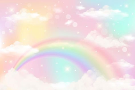 Holographic fantasy rainbow unicorn background with clouds. Pastel color sky. Magical landscape, abstract fabulous pattern. Cute candy wallpaper. Vector. Pastel Colors Background Landscape, Pink Unicorn Wallpaper, Pastel Rainbow Background, Background Unicorn, Rainbow Color Background, Unicorn Backgrounds, Unicorn Background, Candy Wallpaper, Magical Landscape