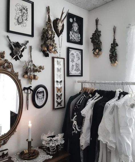 Forest Goth Bedroom, Gothic Bedroom With Plants, Classy Goth Home Decor, Goth Decor White Walls, Dark Floral Aesthetic Bedroom, White Gothic Home Decor, Light Gothic Bedroom, Faux Door Ideas, Romantic Goth Aesthetic Room