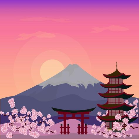 Mount Fuji, Gunung Fuji, Japan Graphic Design, Japan Temple, Studio Ghibli Background, Fuji Mountain, Japan Illustration, Monte Fuji, Japan Sakura