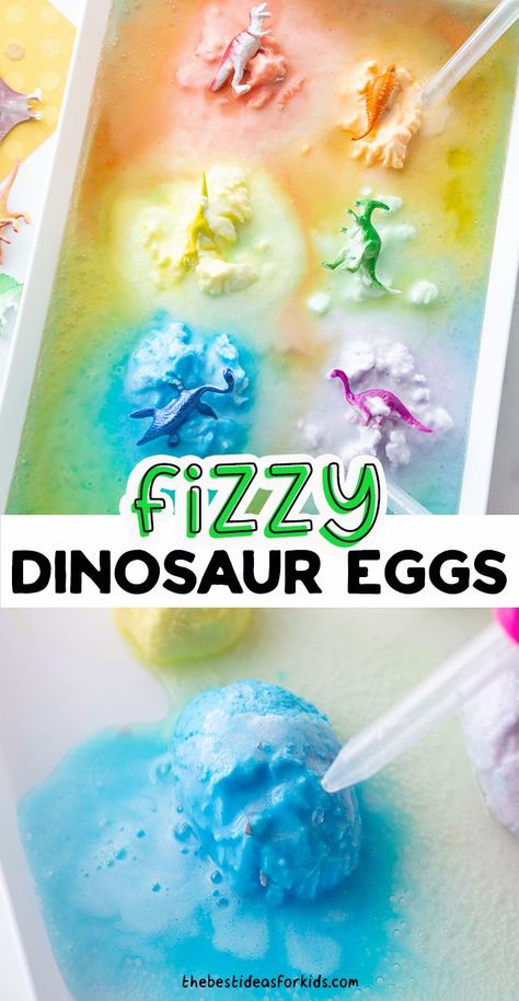 Fizzy Dinosaur Eggs - make these rainbow fizzing dinosaur eggs with baking soda and vinegar and watch them fizz to "hatch" the dinosaurs! Fizzing Dinosaur Eggs, Dinosaur Outside Activities, Dinosaur Fizzy Eggs, Preschool Dinosaur Activities Art, Dinosaur Eggs Craft, Large Group Dinosaur Activities, Dinosaur Small Group Activities Preschool, Dinosaur Fossil Craft Preschool, Preschool Texture Activities