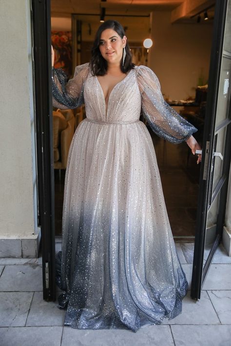 Couture, Haute Couture, Blue Glitter Wedding Dress, Colorful Plus Size Wedding Dress, Winter Wedding Dress Plus Size, Unique Plus Size Wedding Dresses, Wedding Dresses With Long Sleeves, Studio Levana, Plus Size Ball Gown