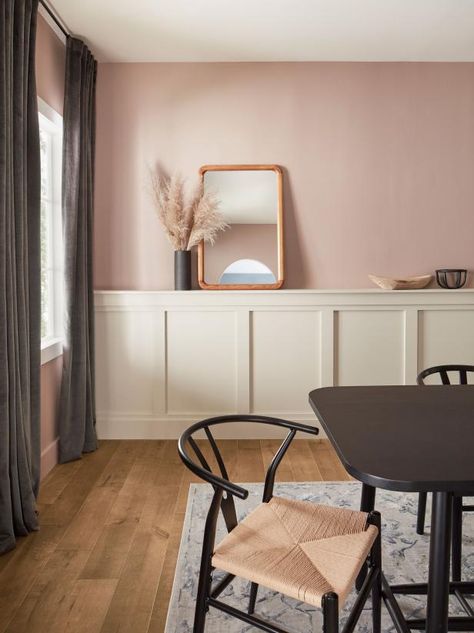 Softened Refuge Sherwin Williams, Pink Paint Colors Sherwin Williams, Hgtv Paint Colors, 2022 Color Palette, Rose Paint Color, Pink Accent Walls, Mauve Walls, Pink Painted Walls, Pink Dining Rooms