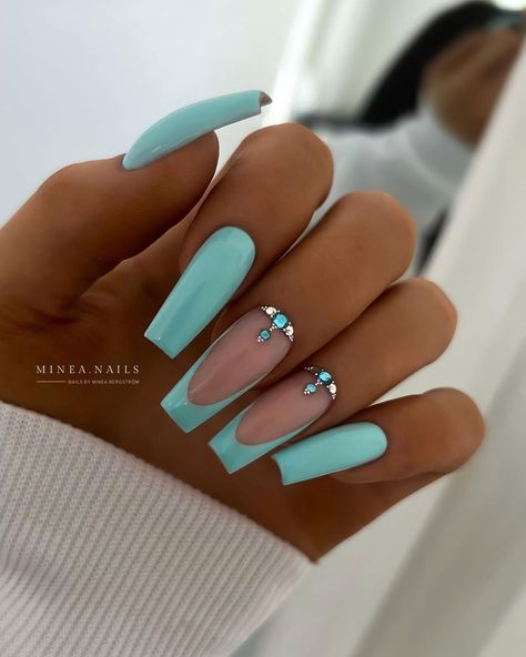 Aqua Nails, Blue Coffin Nails, Nagel Inspo, Long Square Acrylic Nails, Summer Acrylic Nails, Diamond Nails, Square Acrylic Nails, Elegant Nails, Stylish Nails Art