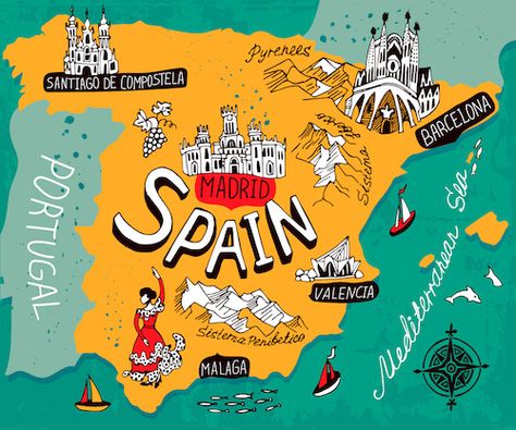 Spain Map by Daria I./Shutterstock.com Santiago De Compostela, Spain And Portugal Map, Spain Geography, Spain Background, Fun Facts About Spain, Facts About Spain, All About Spain, Spain Map, Map Of Spain