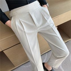 Hair Mould_Solid Color Casual Suit Pants For Men's Summer High Waisted Straight Leg Trousers Slim Pleated Business Formal Dress Pants Man color 1-29 Casual Dress Pants Men, High Waisted Slacks, Business Casual Suit, Slim Fit Suit Pants, British Style Men, High Waisted Dress Pants, Dress Pant Suit, Man Dressing Style, Casual Dress Pants