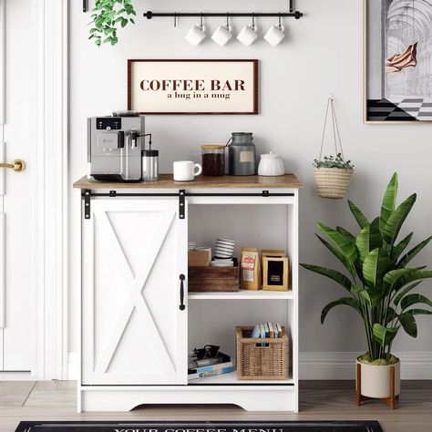 Rosalind Wheeler Koga 31.5'' Bar Cabinet & Reviews | Wayfair Coffee Bar Ideas Cheap, Coffee Bar Storage Cabinets, Accent Cabinet In Kitchen, Coastal Coffee Bar, Coffee Bar Station Small Spaces, Diy Coffee Bar Station, Mini Coffee Bar Small Spaces, White Coffee Bar, Coffee Bar Ideas Kitchen Counter