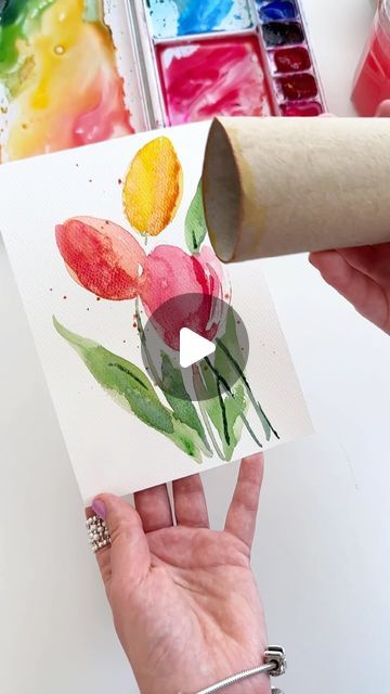 How To Make Watercolor Cards, Retirement Watercolor Cards, Flowers Watercolor Easy, How To Paint Tulips, Watercolor Tulips Easy, Watercolour Flowers Tutorial, Watercolour Art Ideas Easy, Easy Watercolor Paintings Tutorials, Easy Watercolor Cards