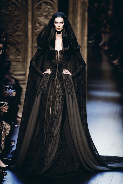 Couture, Vampire Gown Aesthetic, Halloween Fashion Show, Morticia Addams Fashion, Gothic Fashion Show, Morticia Wedding Dress, Chic Gothic Fashion, Gothic Era Fashion, Morticia Addams Aesthetic Outfit