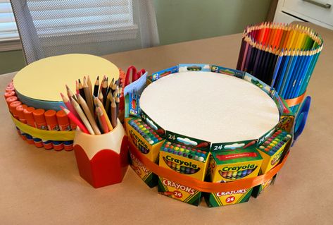 Back to School Supply Cake - Celebrate & Decorate School Supply Cake Diy, School Supply Cake For Teacher, Crayons Cake, Teacher Supply Cake, Teacher Supplies Gift, School Supply Cake, Candy Baskets, School Supplies Cake, Teacher Cakes