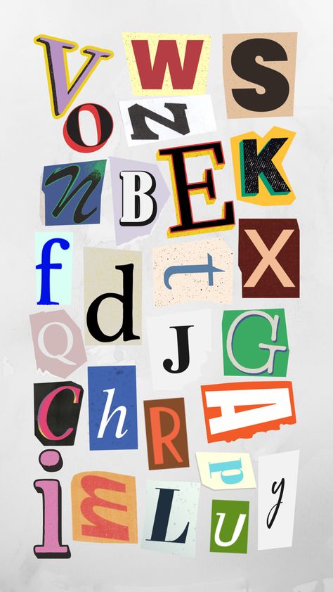 News Paper Font Alphabet, Scrapbooking Letters Alphabet, Scrapbook Letters Vintage, Letters For Collage, Collage Words Texts, Magazine Letters Cut Out, Alphabet Magazine Cut Out Letters, Collage Letters Aesthetic, Cereal Letters