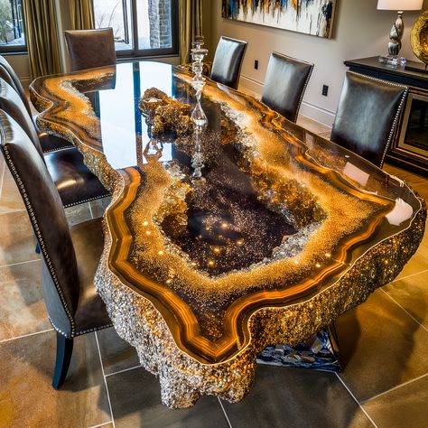 Epicurean Gem: Elevate Your Dining Experience with Giant Geode Epoxy Dining Tables! - ArtistryApex.com Geode Epoxy Table, Steampunk Dining Table, Giant Geode, Epoxy Decor, Epoxy Resin Furniture, Geode Epoxy, Raw Wood Furniture, Stone Furniture, Resin Tables