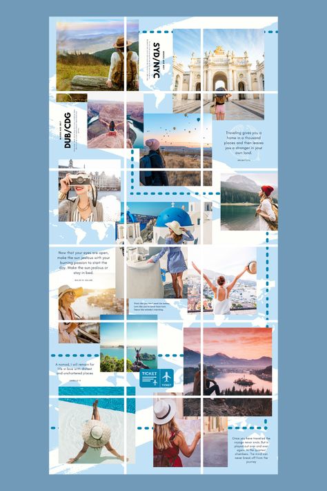 Instagram Puzzle Feed Template focused on travel, adventure and the ocean Instagram Feed Ideas Travel, Instagram Travel Feed, Travel Agency Instagram Feed, Insta Post Layout, Instafeed Inspiration, Blue Instagram Feed, Start Vlogging, Instagram Grid Layout, Free Design Software