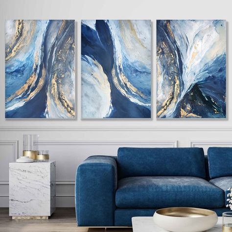 PRICES MAY VARY. ➤ 1. Blue Abstract Wall Art Size: 16x24inchx3pcs (40x60cmx3pcs), navy blue and gold art wall decor, frameless posters, customizable, perfect wall art abstract blue poster , perfect gift for friends and family. ➤ 2. Material: Navy blue and gold pictures use high quality canvas, durable, anti-wrinkle, anti-ultraviolet, non-fading. Blue modern artwork printed on high quality canvas, suitable for decorating your bedroom, living room, study or cafe. ➤ 3. Artistic Effect: Choose blue Blue White And Gold Living Room, Living Room Blue And Gold, Royal Blue And Gold Living Room, Blue Wall Pictures, Navy And Gold Living Room, Gold Living Room Walls, Blue And Gold Painting, Canvas Wall Art Ideas, Blue And Gold Art