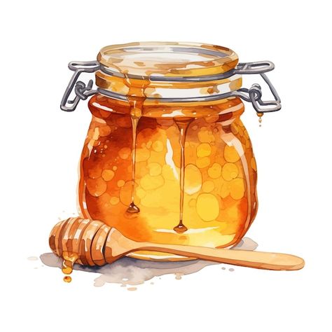 Honey jar watercolor clipart white backg... | Premium Vector #Freepik #vector #honey-jar #honey-pot #honey #honey-bee Honey Bear Bottle, Jar Watercolor, Honey Illustration, Honey Art, Honey Bottles, Honey Spoons, Peanut Butter Jar, Country Garden Decor, Bee Illustration