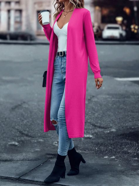 Pink Casual Collar Manga Comprida Tecido Simples  Embellished Elasticidade Baixa Pink Sneakers Outfit, Pink Fall Outfits, Pink Coat Outfit, Pink Cardigan Outfit, Long Pink Sweater, Pink Jacket Outfit, Sport Coat Outfit, Hot Pink Outfit, Hot Pink Cardigan