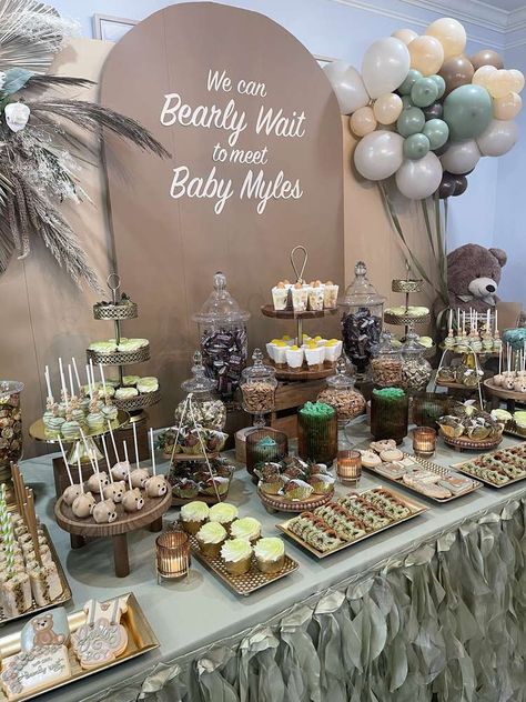 Bear Bridal Shower Theme, Mason Jar Teddy Bear Centerpieces, Teddy Bear Birthday Table Decor, Teddy Bear Theme Food Ideas, We Can Bearly Wait Sweets Table, We Can Bearly Wait Treat Table, We Can Barely Wait Table Decor, Bear Baby Shower Candy Table, Shindig Party Ideas