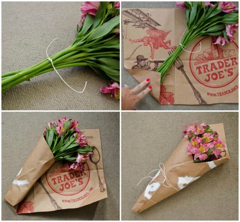 Make a cute flower holder out of a Trader's Joe's bag!  www.happinessiscreating.com Flowers In Brown Paper, Wrap Flowers In Paper, Paper Bag Wrapping, Paper Bag Flowers, Wrap Flowers, Bouquet Bag, A Flower Bouquet, Paper Grocery Bags, Bouquet Holder