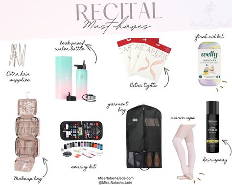 Recital must-haves! Dance Mom Must Haves, Dance Mom Essentials, Dance Recital Must Haves, Dance Recital Hair, Recital Makeup, Dance Bags Essentials, Bags Essentials, Dance Parents, Dance Essentials