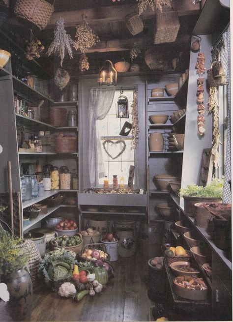 Primitive colonial pantry. Picture torn from and old, unknown magazine.  Primitives and Fall – A Match Made In Heaven | Just Vintage Home Primitive Homes, Primitive Kitchen, Altar Inspiration, وابي سابي, Root Cellar, Witch Cottage, Interior Vintage, Witch House, Primitive Decorating Country