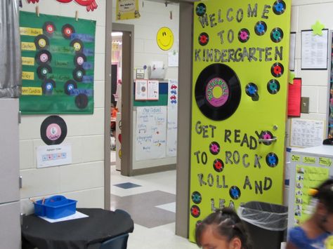 Rock And Roll Classroom Theme | Kindergarten ROCKS!: Kindergarten Rocks Classroom Theme Pics 2011-2012 Classroom Theme Kindergarten, Rock And Roll Classroom, Kindergarten Classroom Themes, Preschool Door, 50s Theme, Music Bulletin Board, Rock Star Theme, Theme Pics, Welcome To Kindergarten