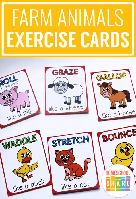 Farm Animal Exercise Cards – Homeschool Share Farm Movement Cards, Farm Animal Music And Movement, Animal Movement Cards Free Printable, Farm Animal Movement Cards, Farm Animal Movement, Exercise Cards Printable, Animal Sounds Activity, Animal Exercises, Preschool Movement Activities