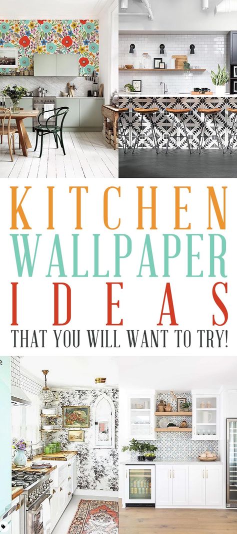 Kitchen Wallpaper Ideas That You Will Want To Try! Need a ittle change in your Kitchen but you don't want to spend a ton? Well why not add a little bit of wallpaper to your life! Here you will find all kinds of different ideas you can do with wallpaper that will add charm... fun and style to your Kitchen Space. From adding a featured wallpaper wall to a touch of wallpaper on the Kitcen Island for POP! You will love the Wallpaper Ideas and Inspiration #KitchenWallpaperIdeas #WallpaperIdeas Kitchen Nook Wallpaper, Wallpaper Kitchen Island, Blue Kitchen Wallpaper, Kitchen Wallpaper Accent Wall, Wallpaper Backsplash Kitchen, Wallpaper Kitchen Wall, Modern Kitchen Wallpaper, Kitchen Wallpaper Design, Kitchen Wallpaper Ideas