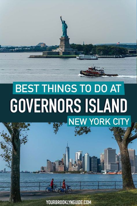 best things to do at Governors Island NYC one of the best hidden gems in NYC where you get the best views of the Statue of Liberty and views of the Freedom Tower in NYC Cool Date Ideas, Brooklyn Guide, City Date, New York Trip, Governors Island, New York City Guide, Liberty Island, Visit New York City, Dc Travel