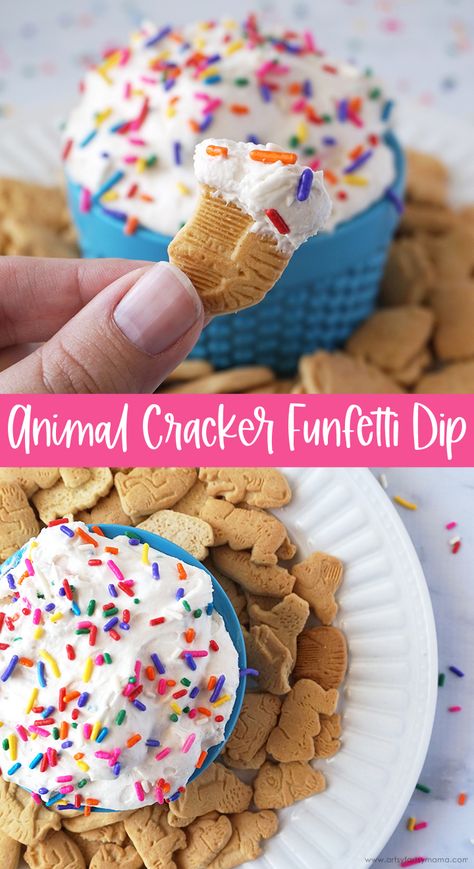 Animal Cracker Funfetti Dip | artsy-fartsy mama Dip For Animal Crackers Cool Whip, Frosting Dip For Animal Crackers, Dips With Animal Crackers, Animal Crackers And Dip, Frosted Animal Cookie Dip, Animal Cracker Recipe Ideas, Animal Cracker Activities, Animal Cracker Dip Cream Cheese, Animal Crackers Ideas