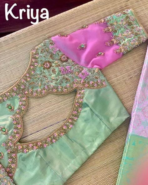 Machine Blouse Embroidery Designs, Latest Maggam Work Designs For Bride, Maggam Work Latest Designs, Green Blouse Designs, Magam Work, Pink Blouse Designs, Blue Blouse Designs, Netted Blouse Designs, Long Blouse Designs