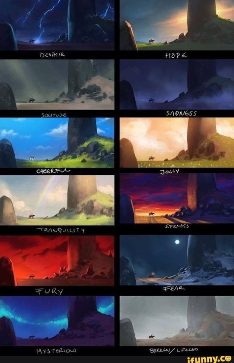 Found on iFunny Digital Painting Tutorials, Concept Art Landscape, Concept Art Tutorial, Color Script, Animale Rare, Landscape Concept, Foto Tips, Trik Fotografi, Cinematic Photography