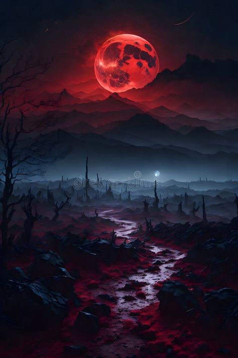 An enigmatic landscape veiled in mist, bathed in the eerie glow of a deep red blood moon. stock photos Moon Red Aesthetic, Blood Moon Aesthetic, Red Moon Aesthetic, Blood Moon Wallpaper, Cool Locations, Fantasy Interior, Heavenly Realm, Blood Red Moon, Blood Photos