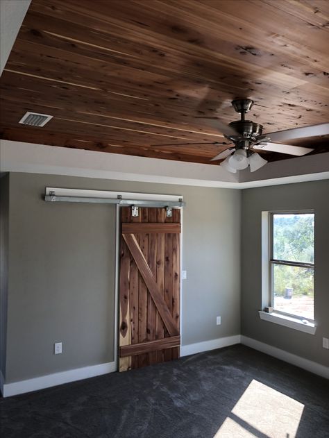 Wood Panel Ceiling Basement, Wood Ceiling Wall Color Ideas, Wood Ceiling Paint Colors, Rustic Basement Ceiling, Country Ceiling Ideas, Dark Ceilings Lighter Walls, Physio Office, Barndominium Ceilings, Wood Ceiling Bedroom